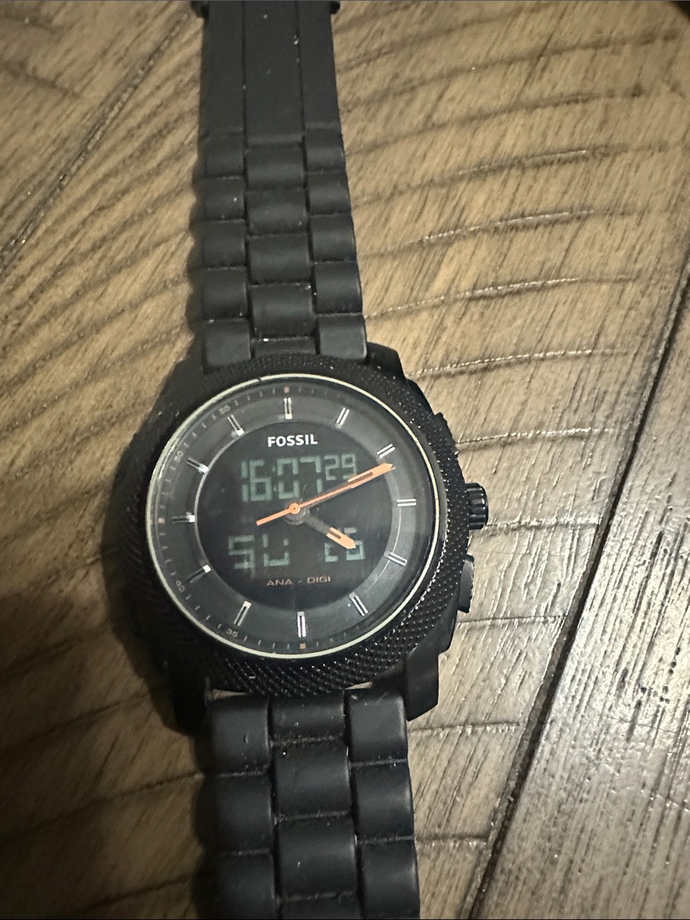 Fossil Black Ana-Digi Silicone Strap Watch with Orange Hands
